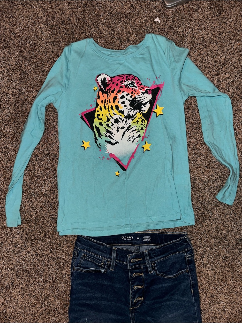 Old Navy Turquoise Girls' Long-Sleeve Tee with Neon Leopard Graphic
